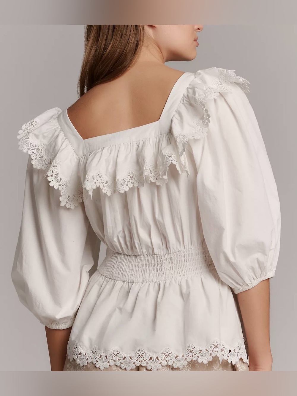 Maeve White Lace Smocked Waist Peplum Blouse Cottagecore Whimsy Romantic Cotton